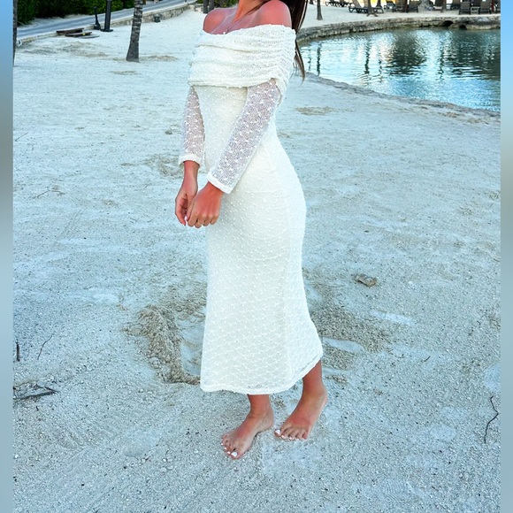 Off-Shoulder White Sequin Evening Dress - Picture 2 of 2
